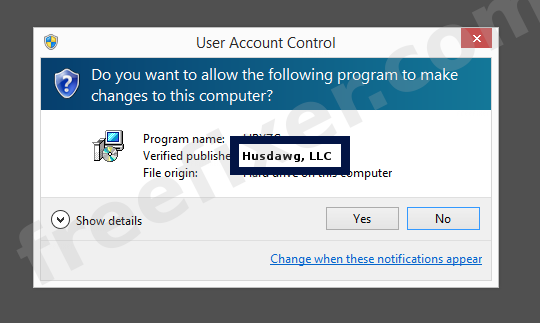 Screenshot where Husdawg, LLC appears as the verified publisher in the UAC dialog